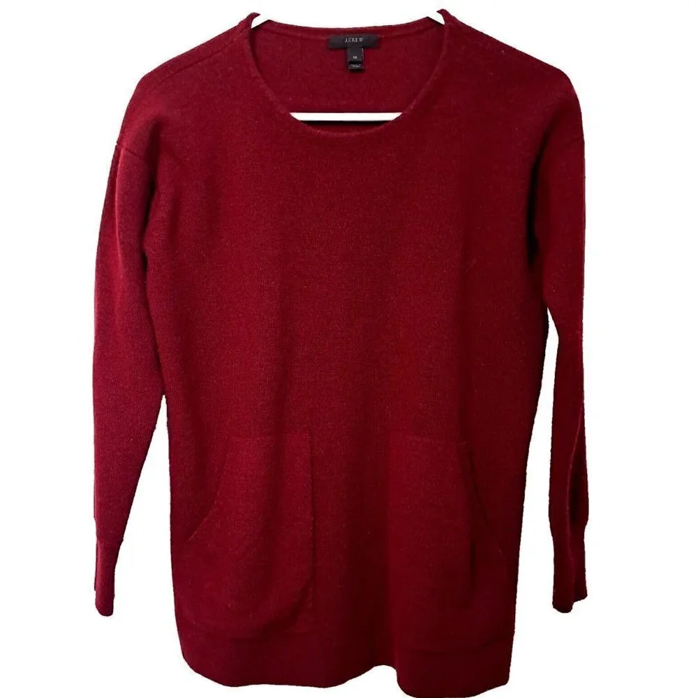 J.Crew XS Burgundy Merino Wool Long Sleeve Tunic Patch Pockets